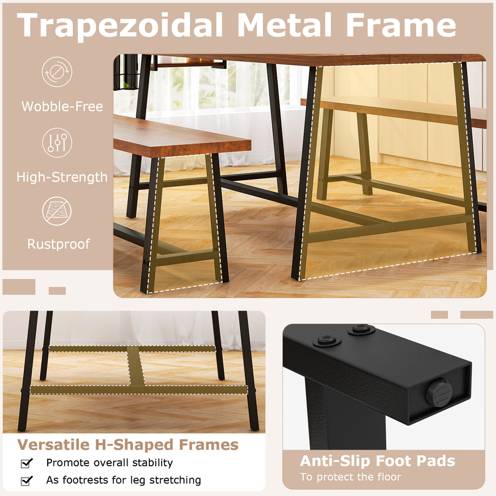 Trapezoidal metal frame dining table set for 5-7 with wine rack, featuring anti-slip foot pads for floor protection.