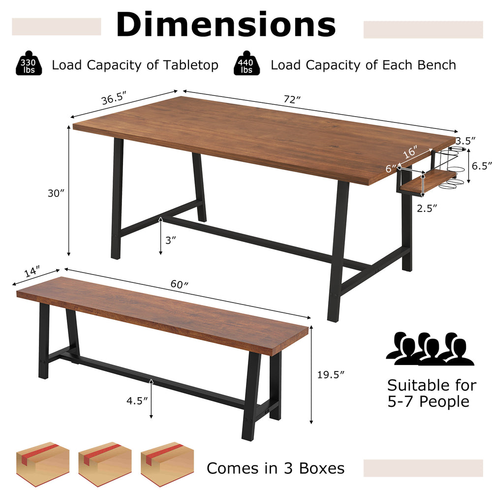 Dimensions of the dining table set for 5-7 with a wine rack and condiment holder, featuring a sturdy trapezoidal metal.