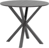 36-inch round black dining table with intersecting pedestal base, seats 2-4, featuring rubber wood legs for stability.