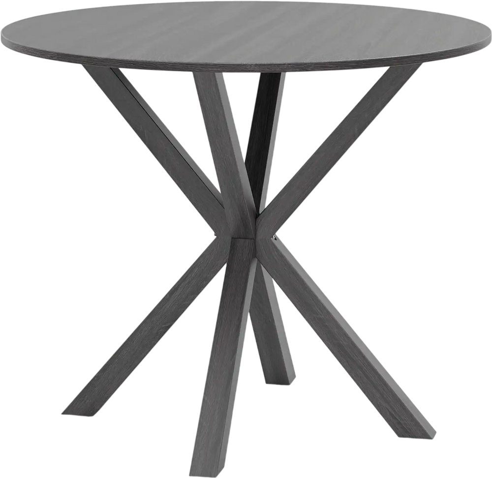 36-inch round black dining table with intersecting pedestal base, seats 2-4, featuring rubber wood legs for stability.