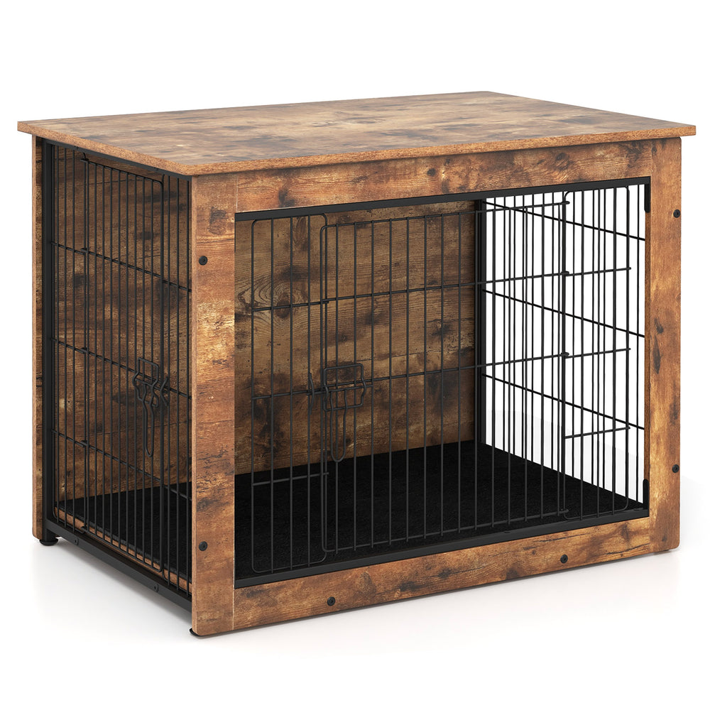 Dog crate furniture with double doors and cushion, designed for small/medium dogs, ideal as an end table.