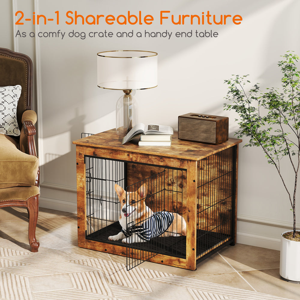 Comfy dog crate furniture with cushion and double doors, ideal for small/medium dogs, serving as an end table.