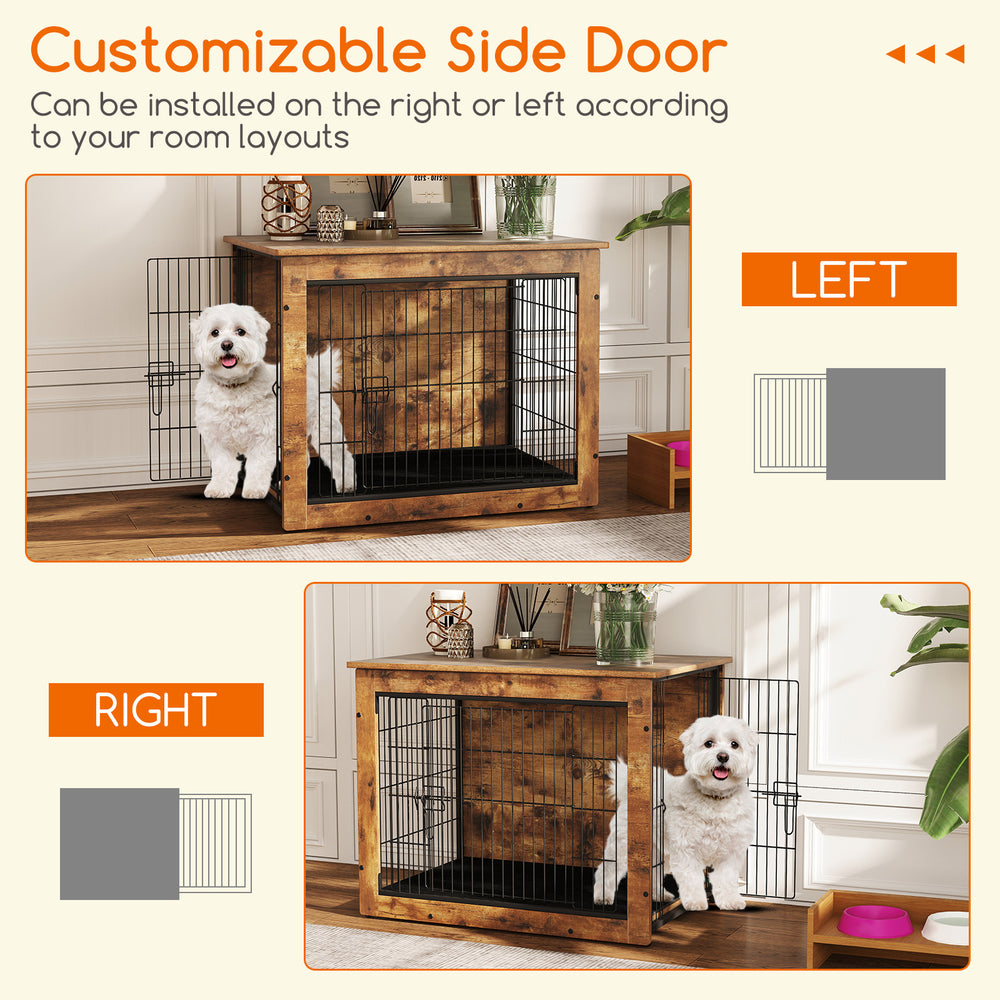 Dog crate furniture with cushion and double doors, customizable side door for versatile placement in your home.