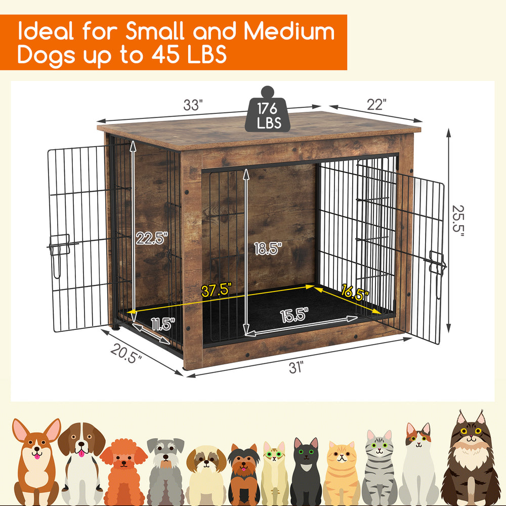 Dog crate furniture with double doors, 33 inches, features a padded cushion for small/medium dogs and chew-resistant.