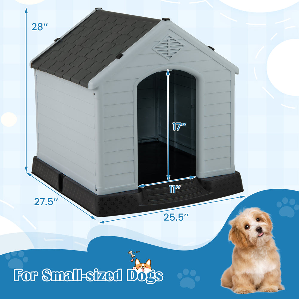 Dog house for small dogs featuring dimensions of 28” height and 25.5” width, designed for comfort and weather.