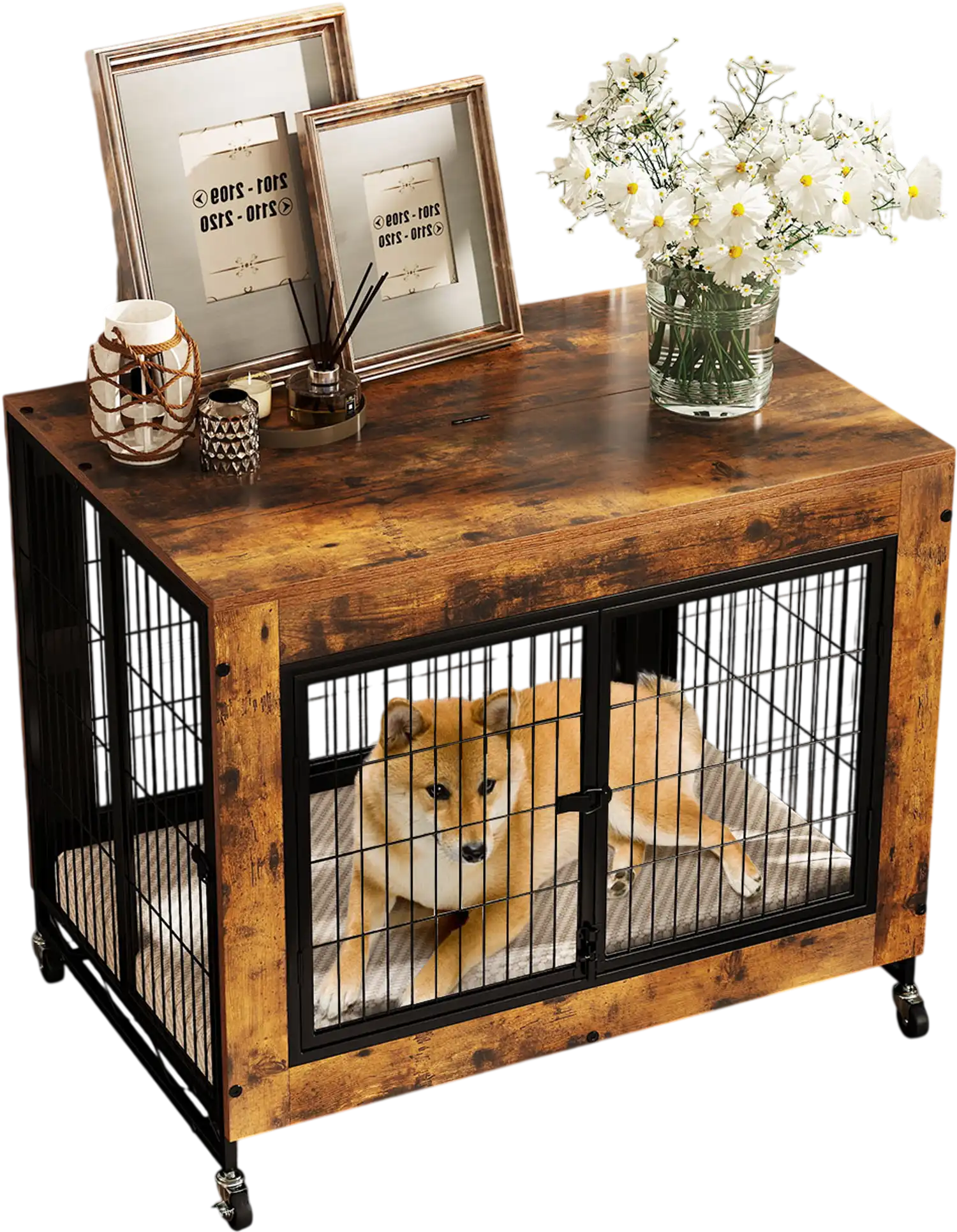 Costway Industrial Dog Kennel 3 Lockable Doors Flip-up Top Rustic Brown 731489265 New