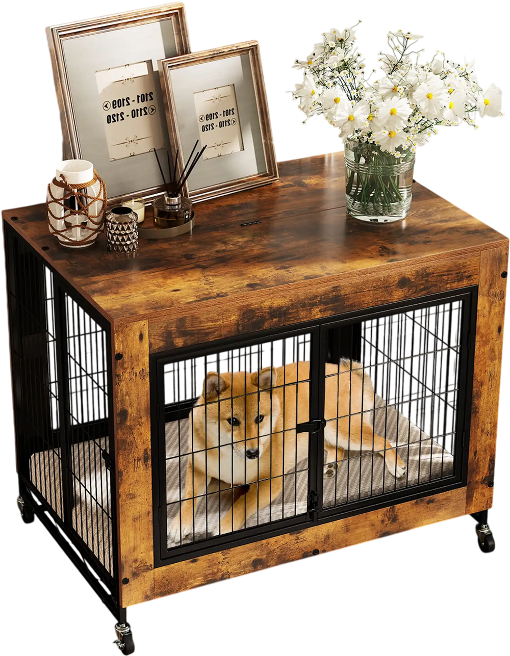 Industrial dog kennel in rustic brown with flip-up top, lockable doors, and removable tray for easy cleaning and access.