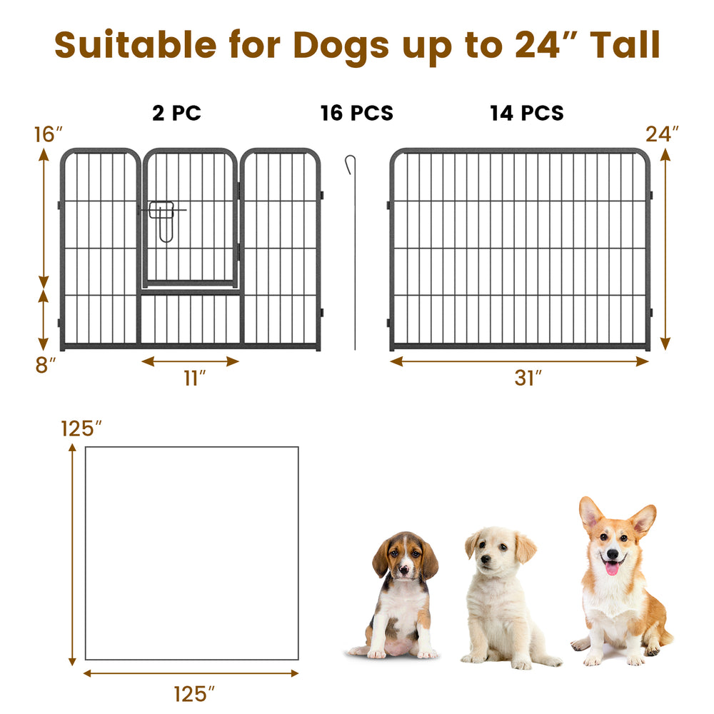 16-panel dog playpen with a large door, 24 inches high, featuring durable metal construction for indoor and outdoor use.