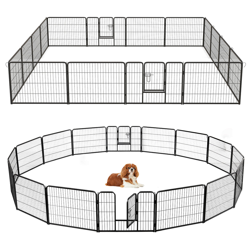 16-panel dog playpen with lock and large door, 24 inches high, suitable for indoor and outdoor use.