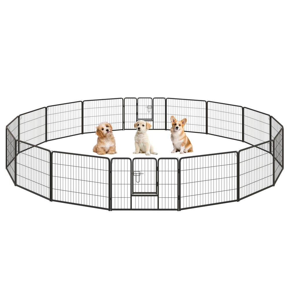 16-panel dog playpen with a large door, 24 inches high, suitable for indoor and outdoor use, featuring a secure lock.