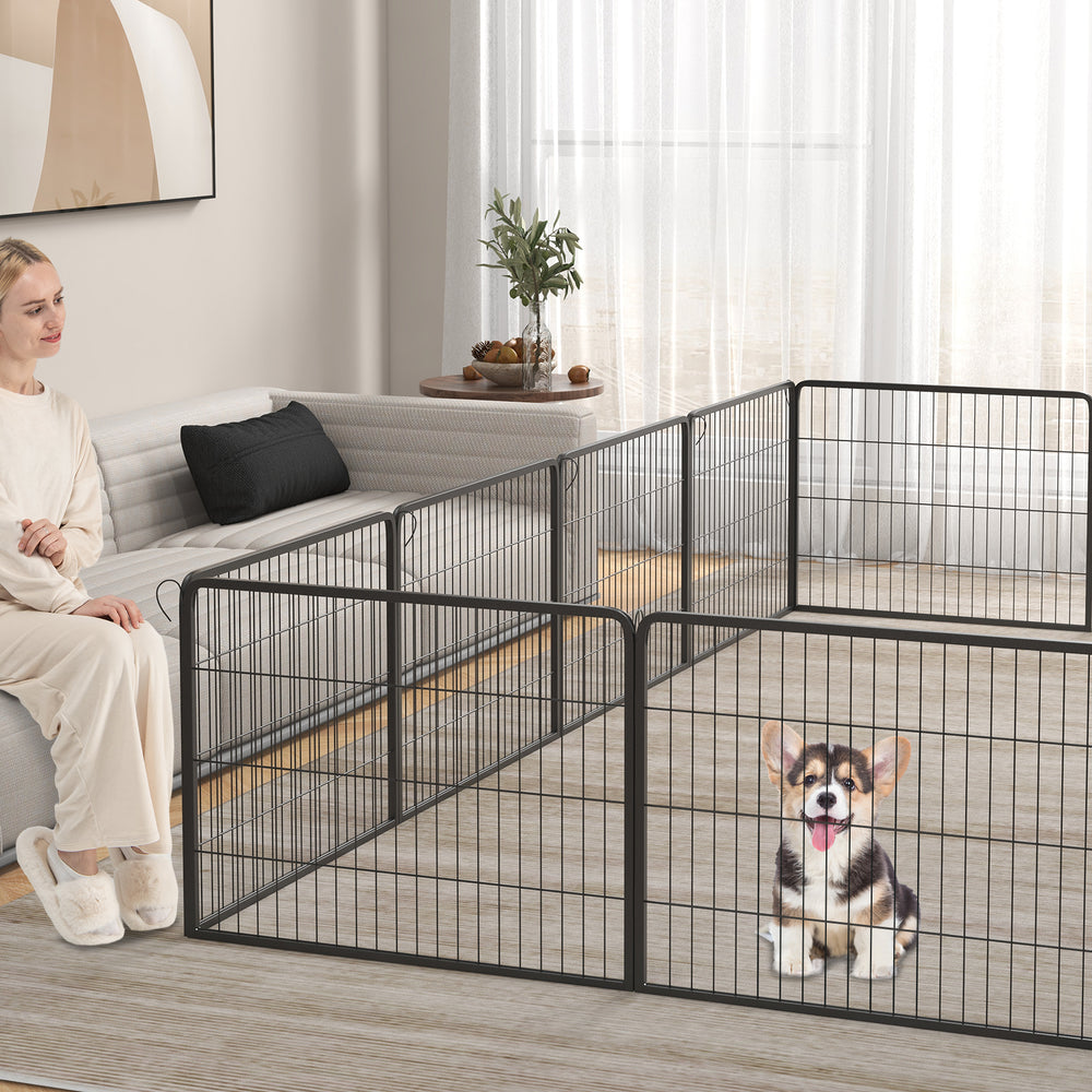 16-panel dog playpen with a large door, 24 inches high, featuring rust-resistant metal for indoor and outdoor use.