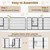 16-panel dog playpen with a large door, featuring easy assembly steps and secure locks for pet safety indoors or.