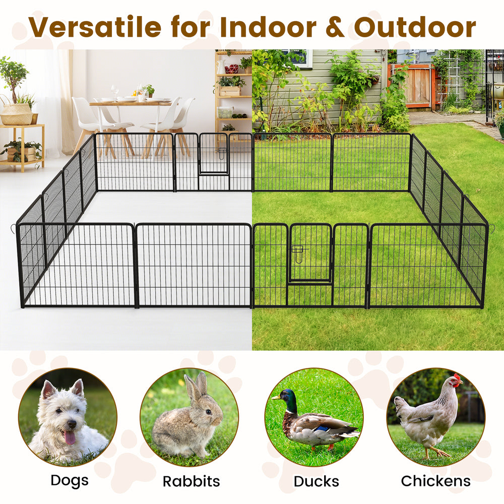 16-panel dog playpen with a large door, 24 inches high, suitable for indoor and outdoor use, featuring durable metal.
