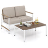 Patio loveseat sofa set with thick cushions and slatted PS tabletop, perfect for backyard or poolside relaxation.