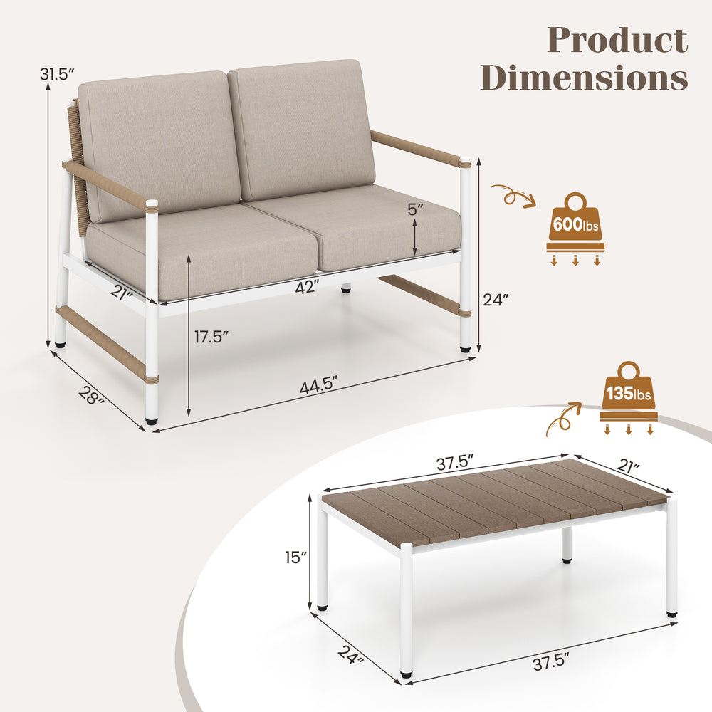 Patio loveseat sofa with thick cushions and coffee table, featuring aluminum frames and slatted PS tabletop for outdoor.