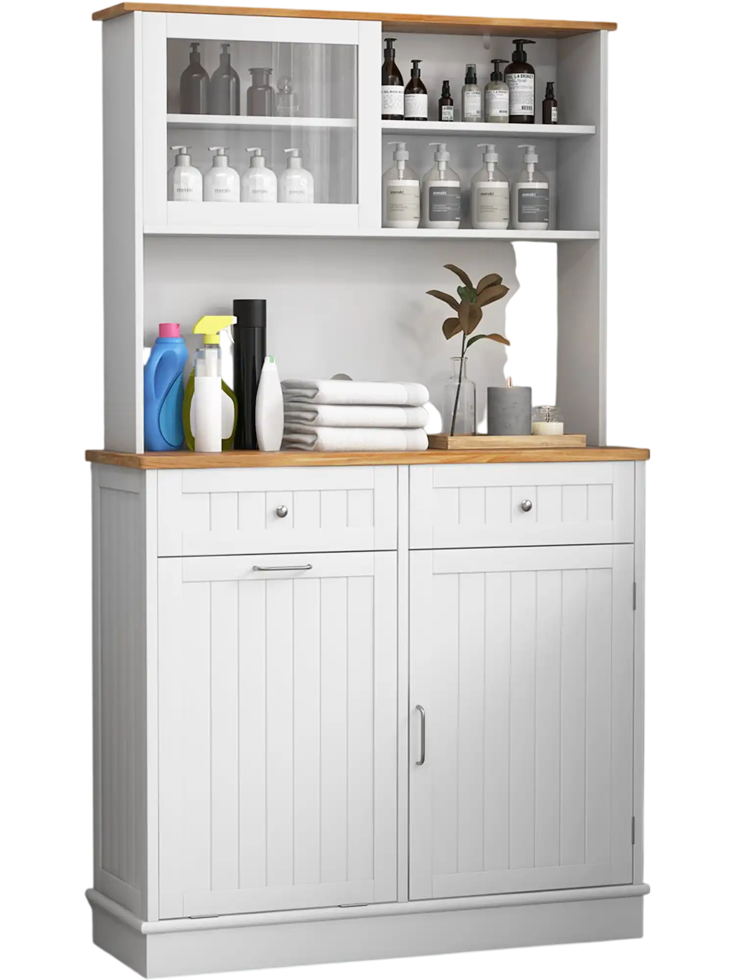 Costway Double Tilt-Out Trash Cabinet Hutch Rubber Wood Countertop 84139526 New