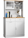 Double tilt out trash cabinet with hutch and rubber wood countertop, featuring glass doors and adjustable shelves for.