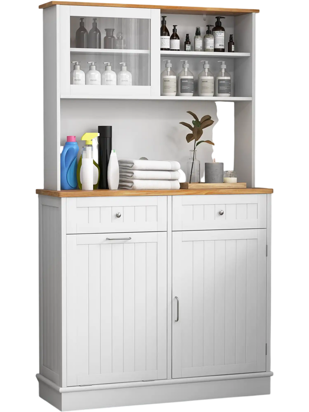 Double tilt out trash cabinet with hutch and rubber wood countertop, featuring glass doors and adjustable shelves for.