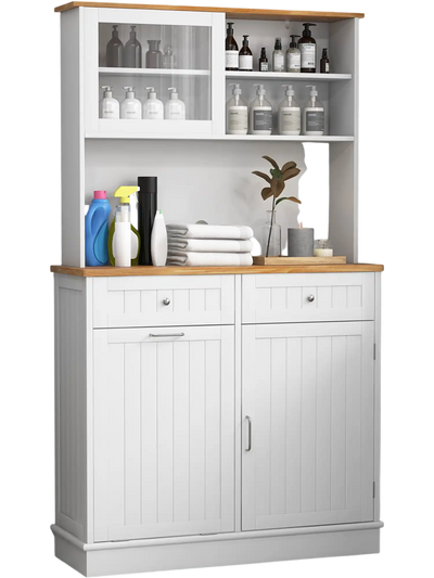 Costway Double Tilt-Out Trash Cabinet Hutch Rubber Wood Countertop 84139526 New