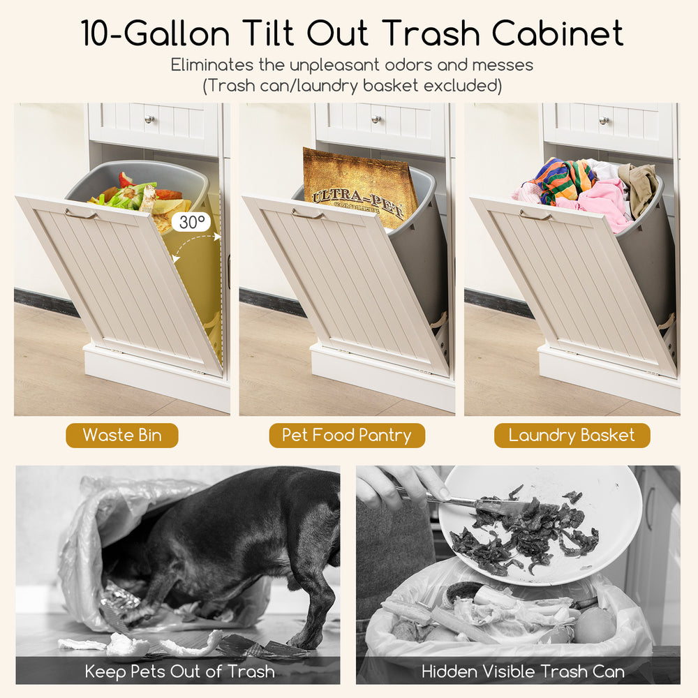 Tilt-out trash cabinet with rubber wood countertop, ideal for waste, pet food, or laundry storage, featuring safety.