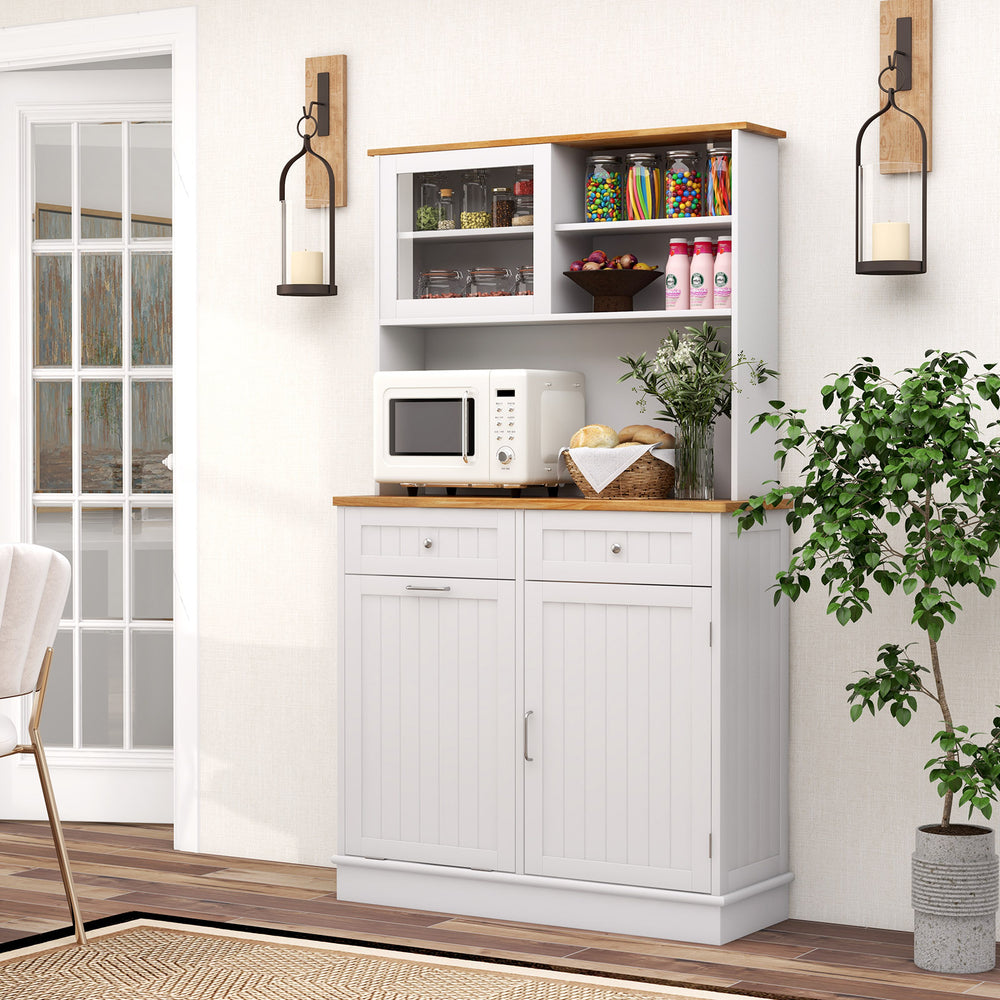 Double tilt out trash cabinet with hutch, rubber wood countertop, and tempered glass doors for organized kitchen.