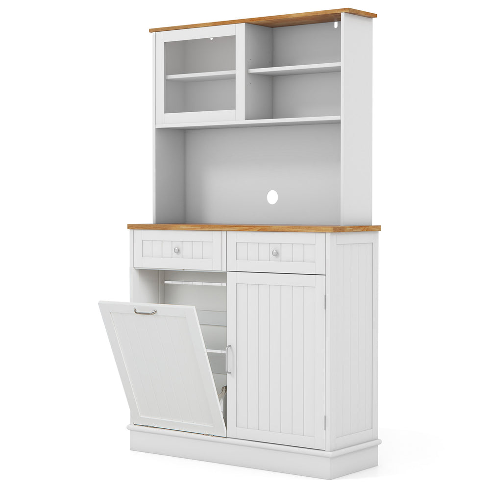 Double tilt-out trash cabinet with hutch, rubberwood countertop, and storage for waste bins or small appliances.