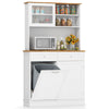 Double tilt out trash cabinet with hutch, rubber wood countertop, and storage for kitchen essentials and waste.