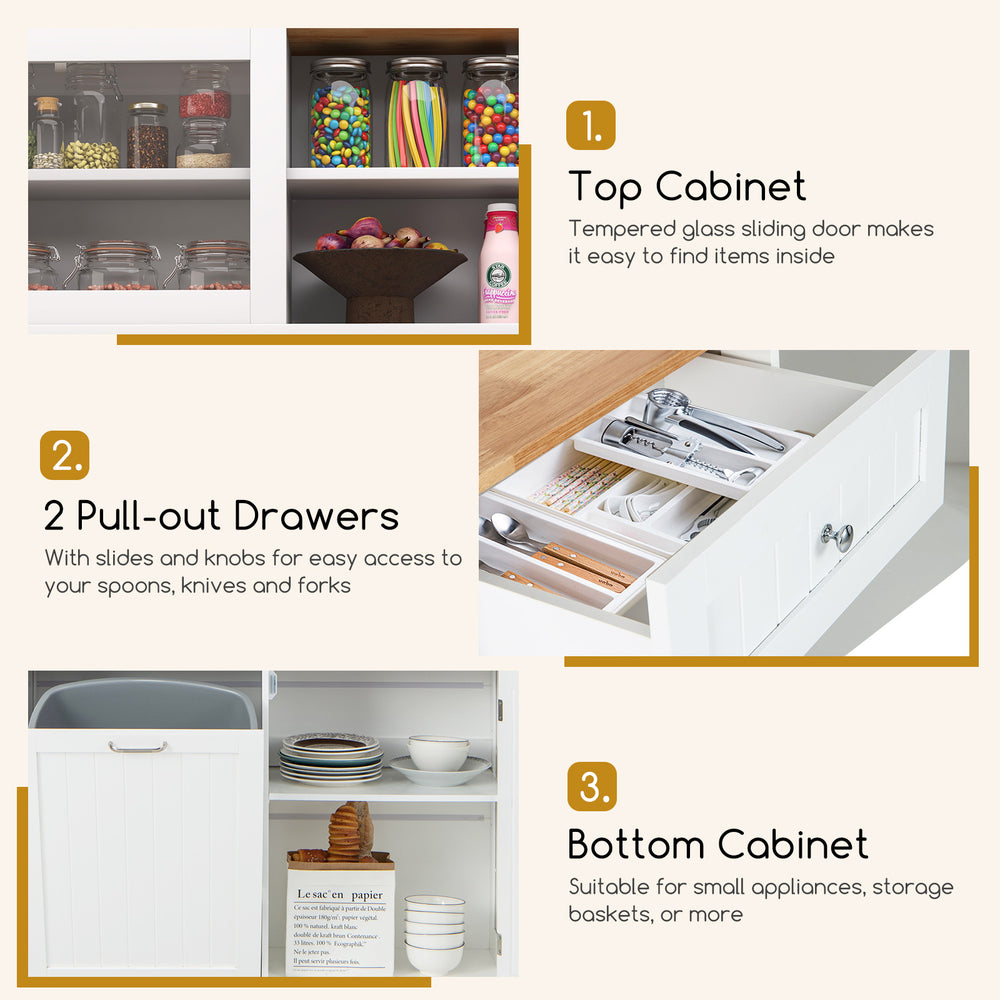 Top cabinet with tempered glass sliding door, ideal for organizing items in the double tilt out trash cabinet.
