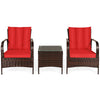 Side view of a red cushioned rattan chair from a 3 pcs patio set, designed for comfort and outdoor enjoyment.