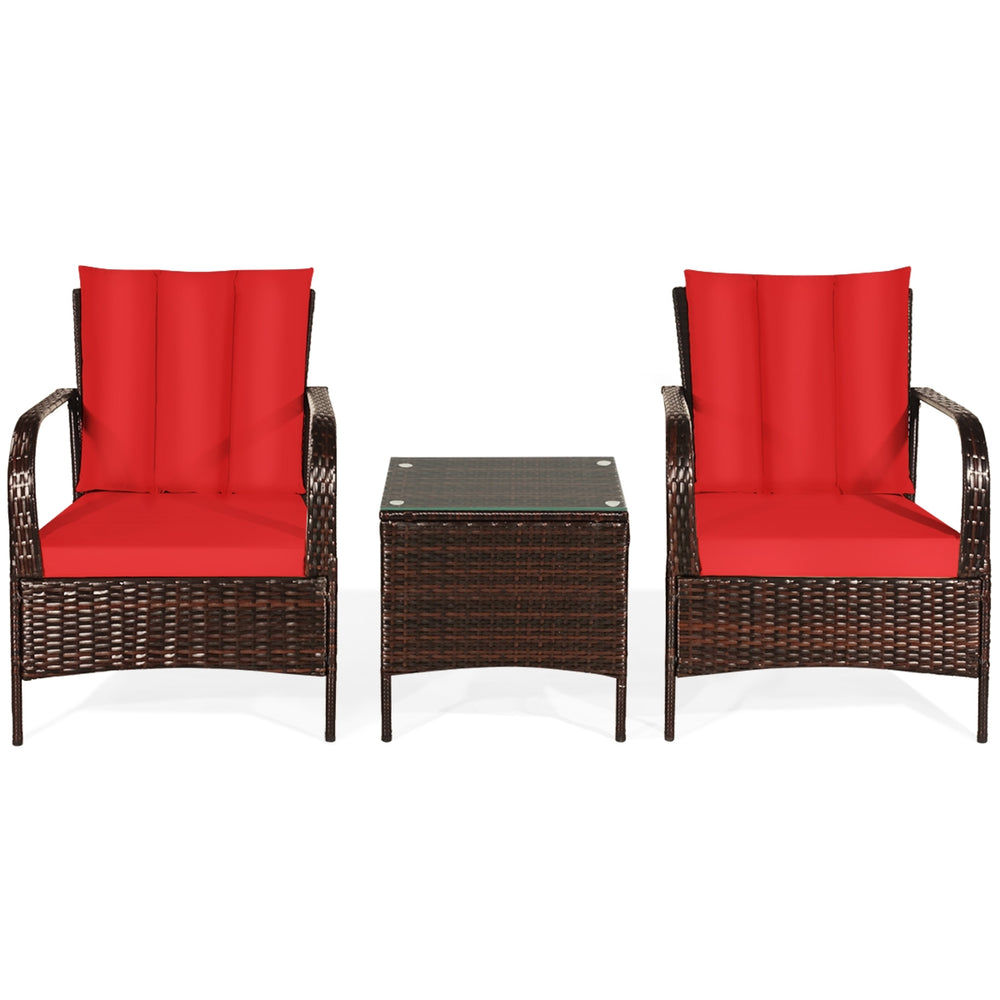 Side view of a red cushioned rattan chair from a 3 pcs patio set, designed for comfort and outdoor enjoyment.