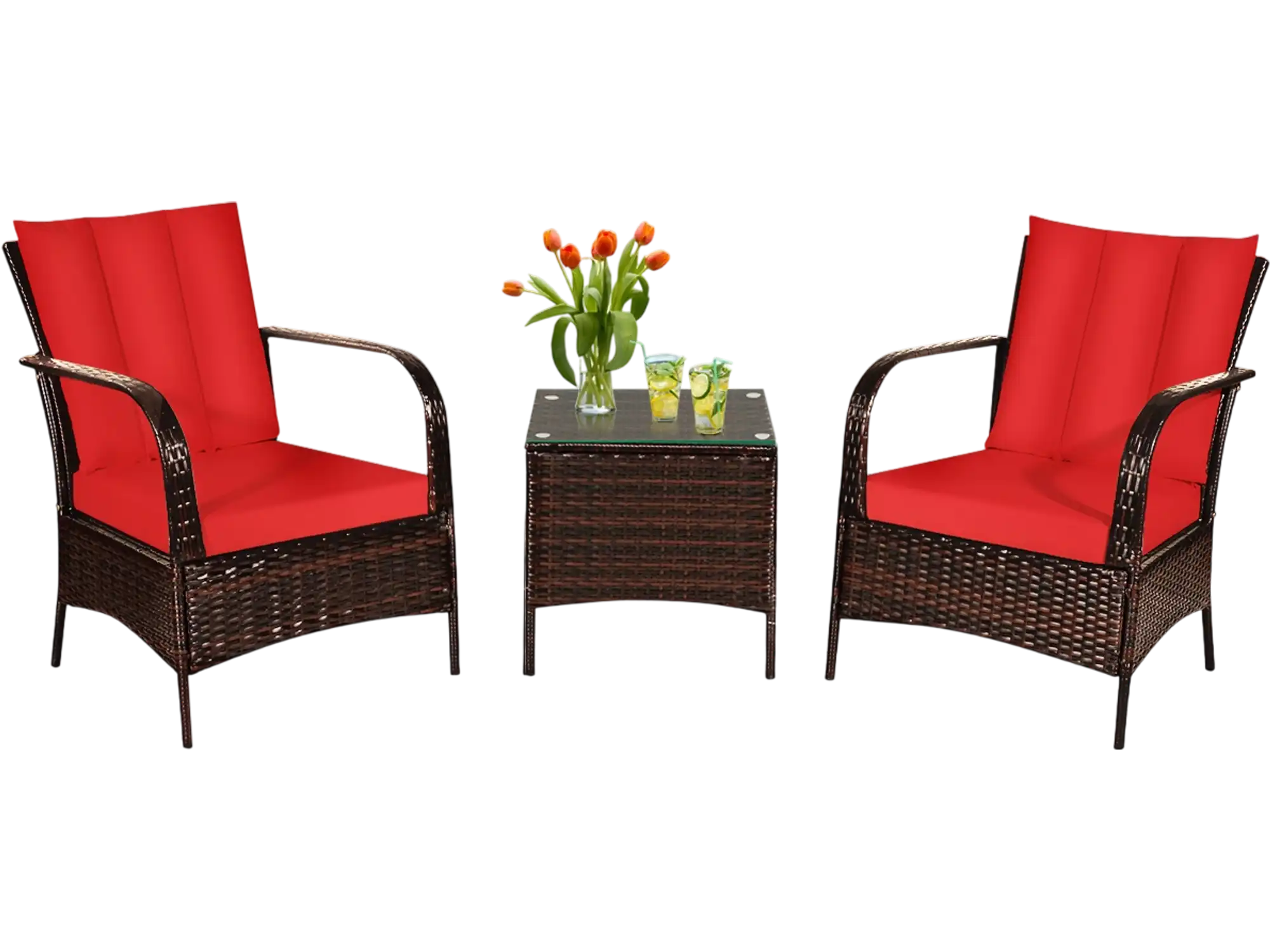 Costway 3-Piece Patio Rattan Conversation Set Glass Top Coffee Table Cushions 45071892 New