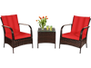Two red-cushioned rattan chairs and a glass-top coffee table, perfect for outdoor patio relaxation.