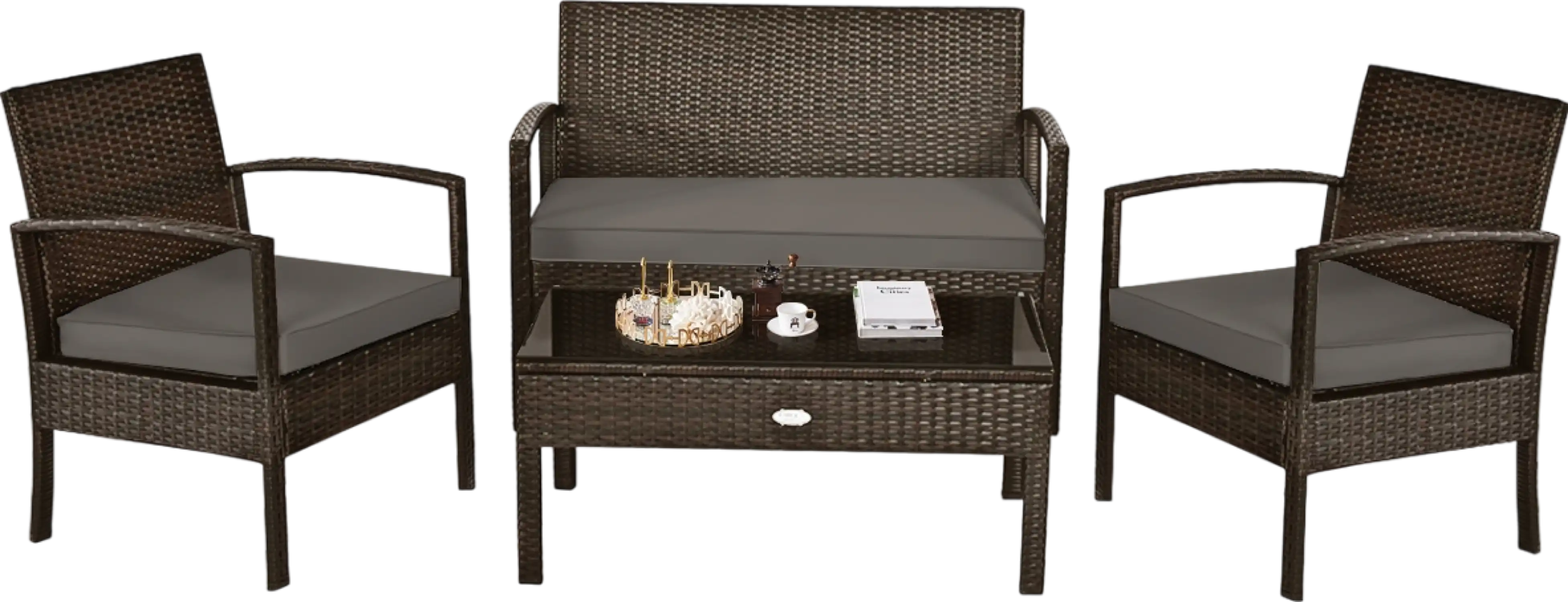 Costway Rattan Patio Furniture Set 4 Pieces with Cushioned Loveseat and Table New