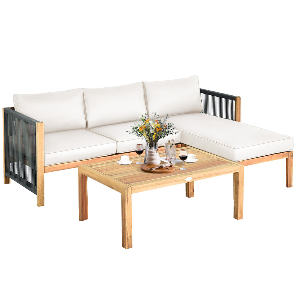 L-shaped patio sofa set with acacia wood frame, nylon rope armrest, and thick cushions, perfect for outdoor relaxation.