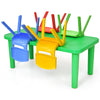 Colorful plastic table with four stacked chairs in blue, yellow, red, and green, perfect for kids' playroom activities.