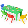 Colorful plastic table with 4 stackable chairs, ideal for kids' play, art projects, and homework in vibrant colors.