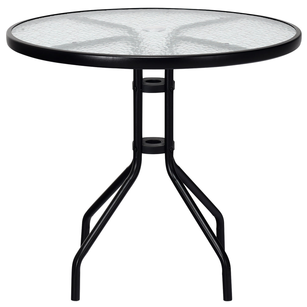 32-inch round patio table with a sleek tempered glass surface and durable black steel frame, perfect for outdoor dining.