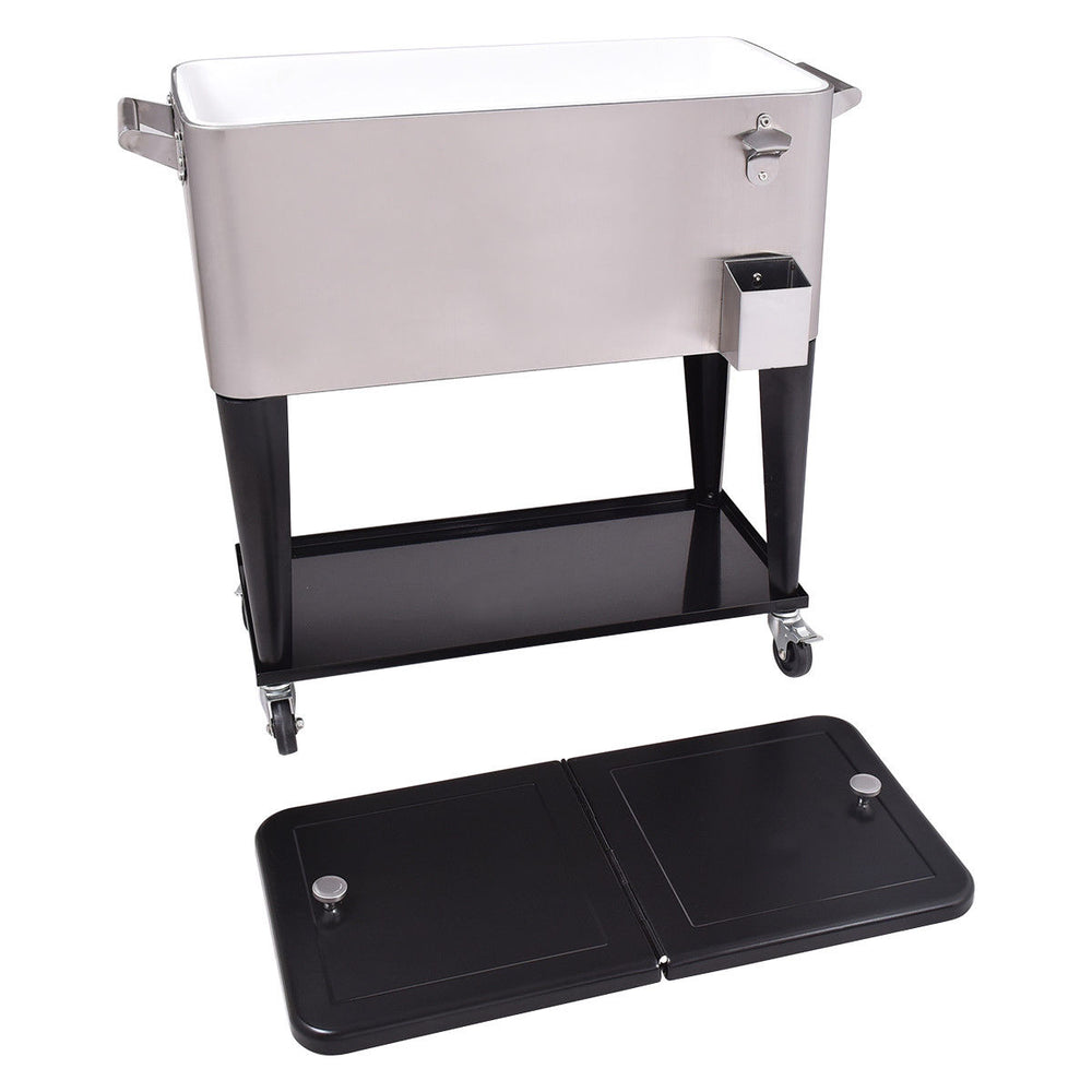 Stainless steel 80 quart rolling ice beverage cooler with two access lids, bottom shelf, and locking casters for easy.