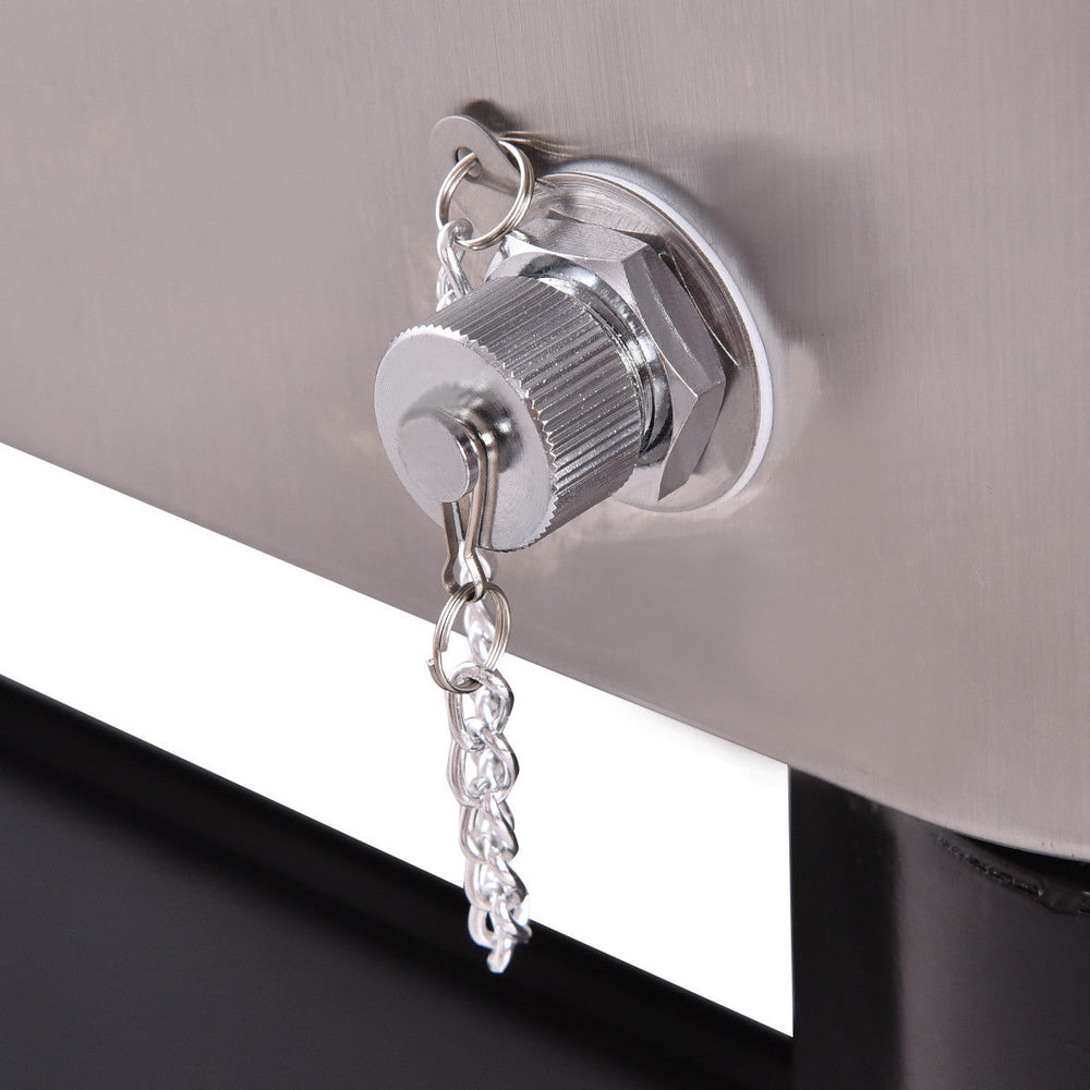 Close-up of the water drain plug on the 80 Quart Patio Rolling Stainless Steel Ice Beverage Cooler for easy drainage.