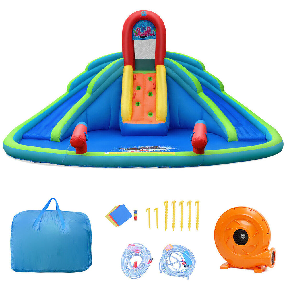 Inflatable water slide bounce house with two slides, climbing wall, and mighty splash pool for outdoor summer fun.