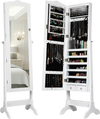 Full-length mirror jewelry armoire in white with LED lights, featuring 5 shelves, 29 hooks, and 4 tilting angles for.
