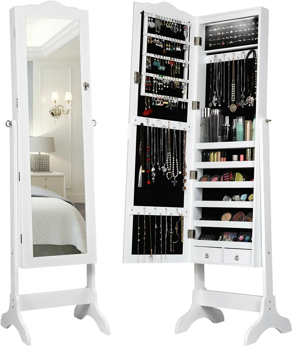 Full-length mirror jewelry armoire in white with LED lights, featuring 5 shelves, 29 hooks, and 4 tilting angles for.