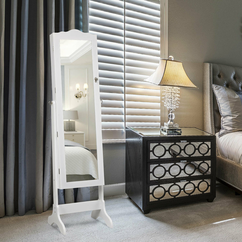 Full-length mirror jewelry armoire in white with LED lights, featuring 4 tilting angles for optimal viewing and.