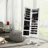 Jewelry armoire cabinet with full-length mirror, LED lights, and lockable design for organized storage in white.