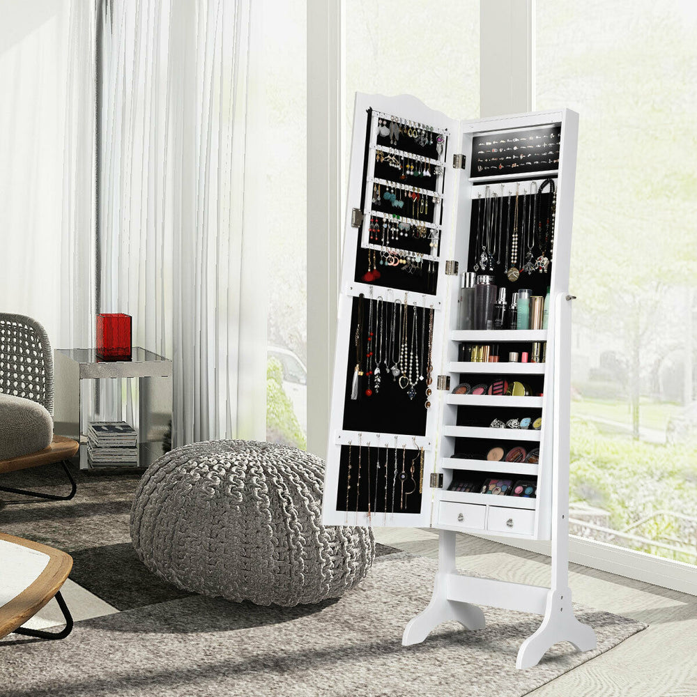 Jewelry armoire cabinet with full-length mirror, LED lights, and lockable design for organized storage in white.