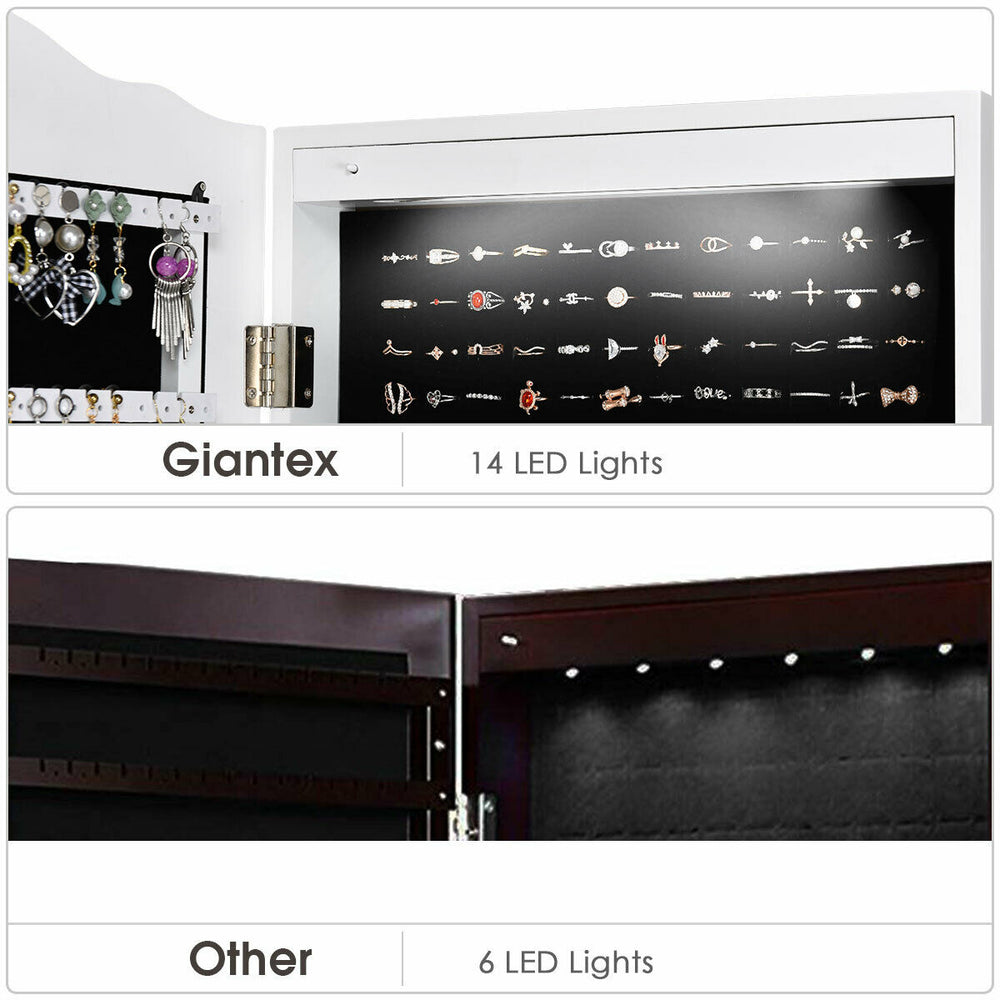 Jewelry armoire cabinet with full-length mirror, 14 LED lights, and lockable design for organized storage and safety.