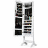 Jewelry armoire cabinet in white with full-length mirror, LED lights, and organized storage for jewelry and accessories.