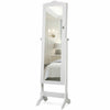 Full-length mirror jewelry armoire in white with LED lights, featuring 4 tilting angles and ample storage for jewelry.