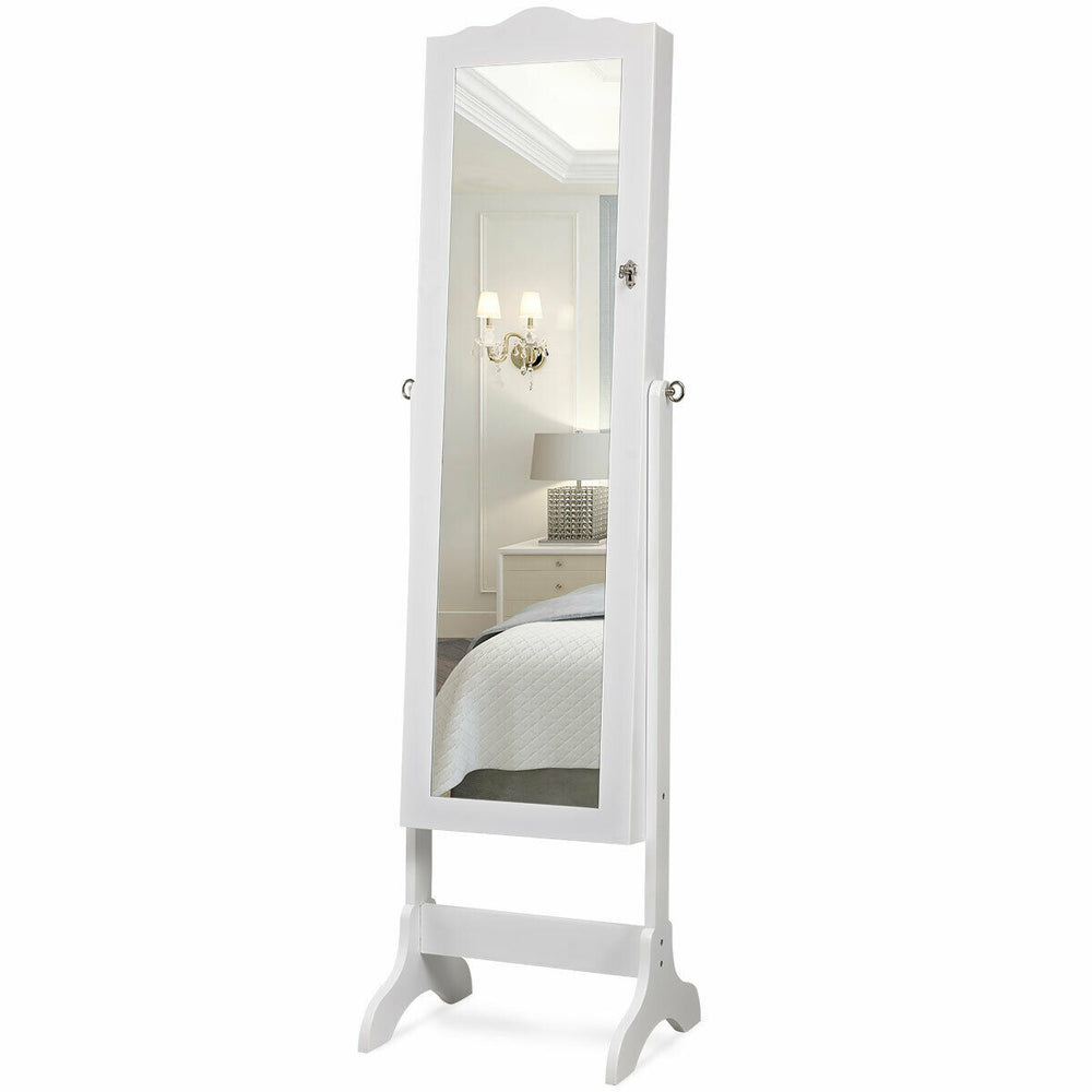 Full-length mirror jewelry armoire in white with LED lights, featuring 4 tilting angles and ample storage for jewelry.