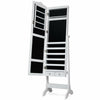 Jewelry armoire cabinet with full-length mirror, LED lights, and four tilting angles for organized storage in white.